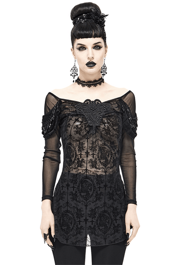 Gothic Floral Sheer Black Top / Lace Long Sleeve Fashion